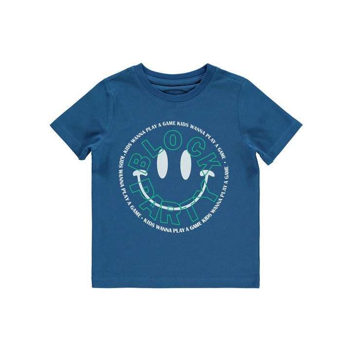 BLOCK PARTY Scoop Neck póló gyerekeknek/fiúknak, ERAKIDS, "Smiley Face" mintás, 100% prémium pamut, indigó