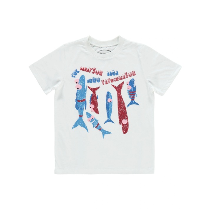 OCEAN EXPLORERS nyakkivágásos póló gyerekeknek/fiúknak, ERAKIDS, "Pestisori" mintás, 100% prémium pamut, fehér