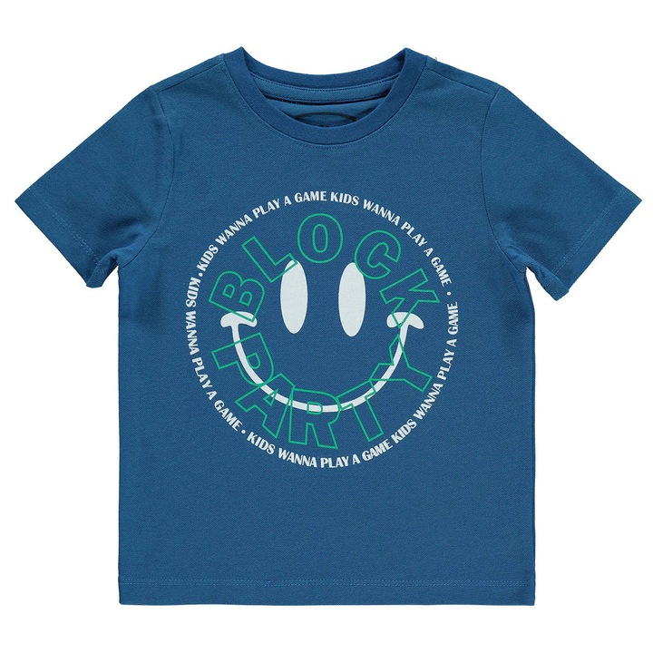 Tricou BLOCK PARTY cu decolteu la baza gatului pentru copii/baietei, ERAKIDS, imprimeu "Smiley Face", 100% bumbac premium, Indigo