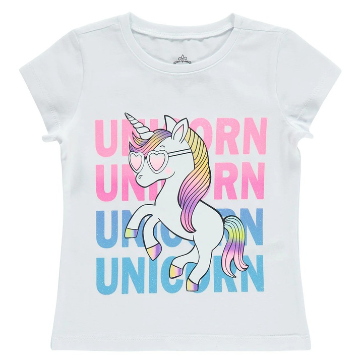 Tricou UNICORN cu decolteu la baza gatului pentru copii/fetite, ERAKIDS, imprimeu text, bumbac/elastan, Alb
