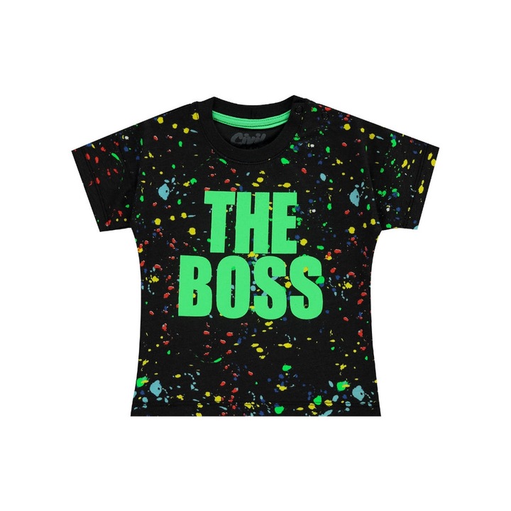 SEFUL póló nyakkivágással gyerekeknek/fiúknak, ERAKIDS, szöveges nyomtatás, 100% prémium pamut, fekete