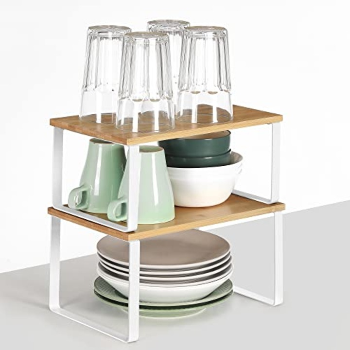 SONGMICS Set 2 rafturi de bucatarie suprapozabile, pentru ustensile sau condimente, 20x30x16cm, natur si alb+