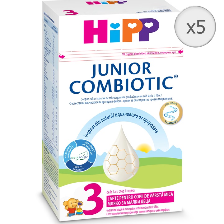 Pachet 5 x Lapte praf HIPP 3 Combiotic Junior 1+, pentru copii in crestre, 500g, de la 1 an