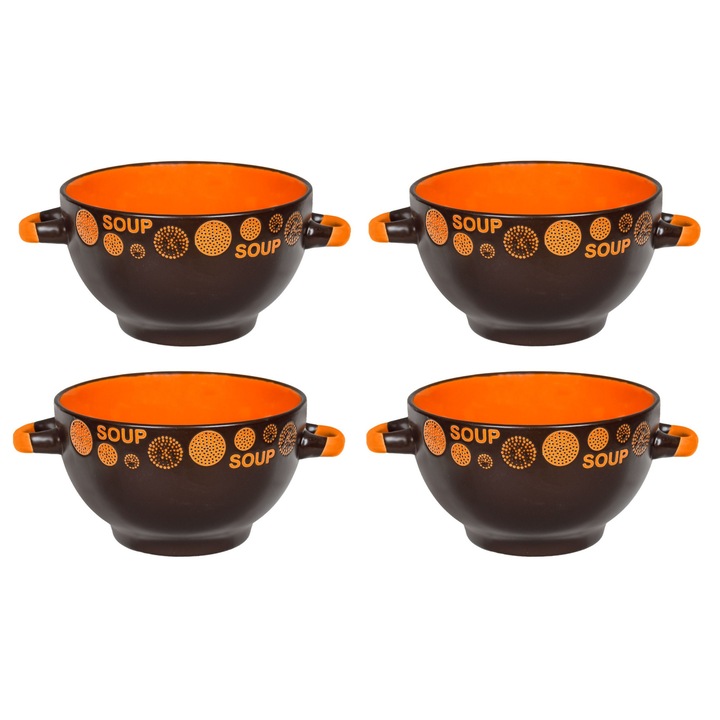 Set 4 boluri supa din ceramica, portocaliu maro, 650ml