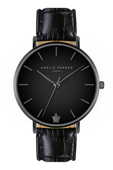 Amelia Parker, Кварцов часовник с кожена каишка, Черен, Тъмносив