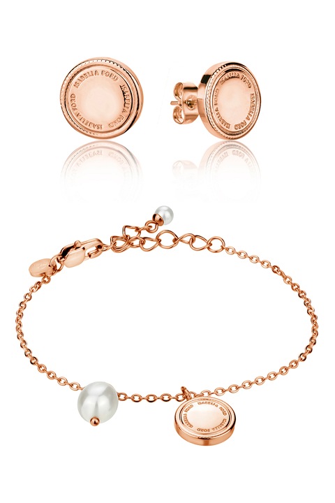 Isabella Ford, Set de cercei si bratara cu model in relief, Alb, Auriu rose