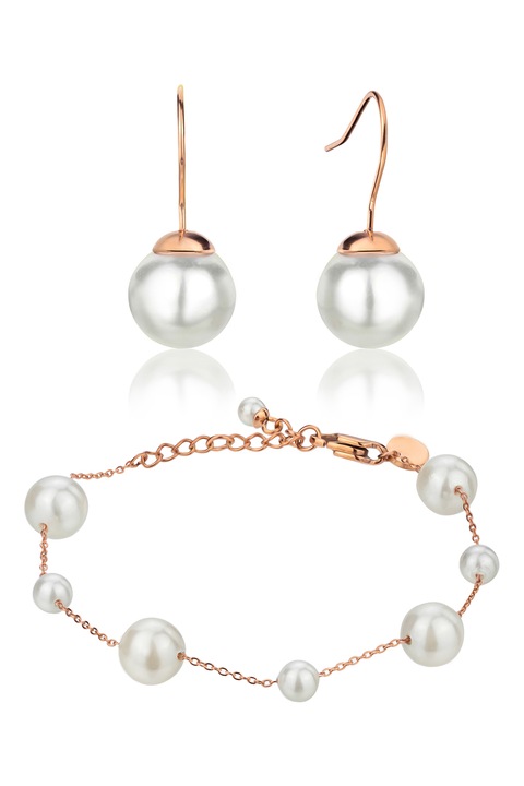 Isabella Ford, Set de cercei si bratara cu perle shell, Alb, Auriu rose