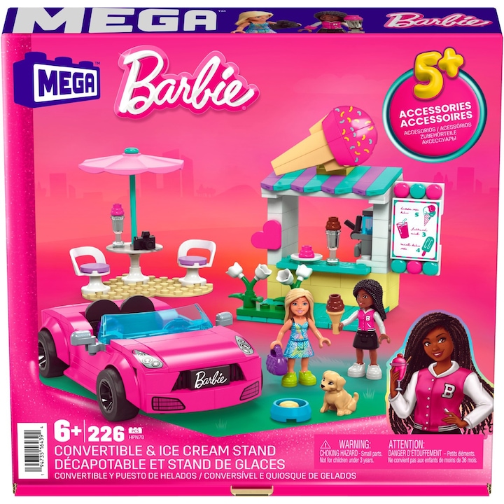 Set de constructie Mega Bloks - Barbie, Masina decapotabila si stand de inghetata, 226 piese