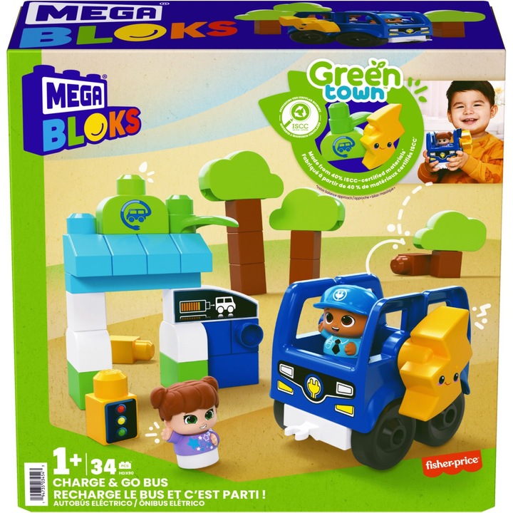 Mega Blocks Town Építőkészlet, Charge & Go Busz, 34 db, 1+ év, többszínű