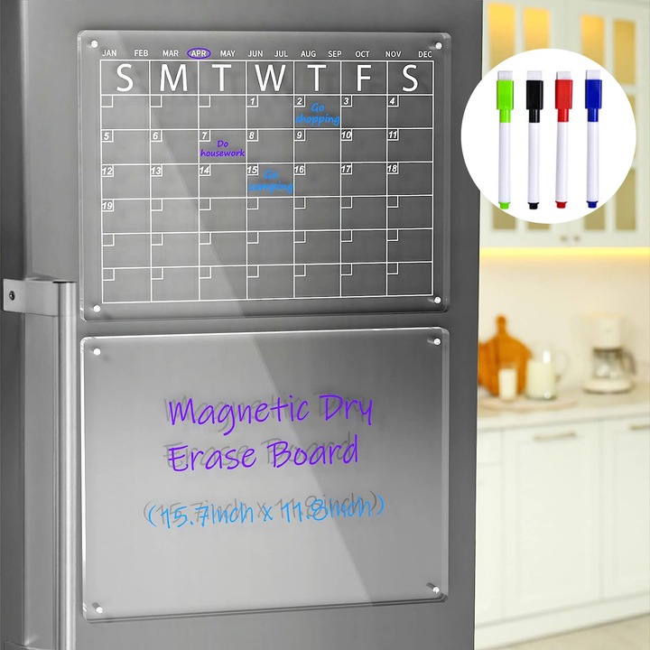 Mágneses tábla készlet, Vaxiuja, mágneses heti tervező, 2 tábla, 4 mágneses tolljelzővel, 1 doboz és 1 szivacs, akril, 39x29 cm, hűtőre vagy falra, mosható, Átlátszó