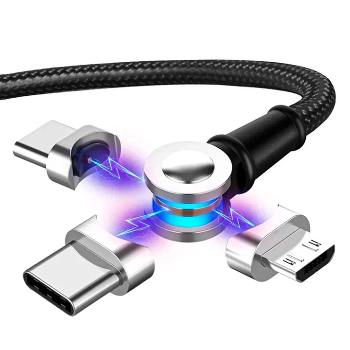 Töltőkábel és gyors töltés 3 az 1-ben, Timebox, 60W, Mágneses, Micro-USB, USB-C, Lighting, 1.2m, Nejlon, 180 Forgas, Kompatibilis iPhone, Samsung, Huawei, Fekete