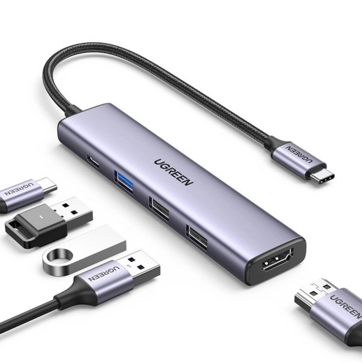 Adapter, Ugreen, USB-C-HDMI, UUSB-A 3.0, 2x USB-A 2.0