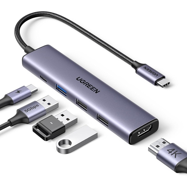 Адаптер, Ugreen, USB-C към HDMI, UUSB-A 3.0, 2x USB-A 2.0