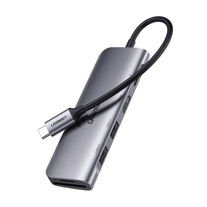 HUB адаптер, UGreen, USB-C към HDMI, 2x USB-A 3.0, SD/TF, PD, сив