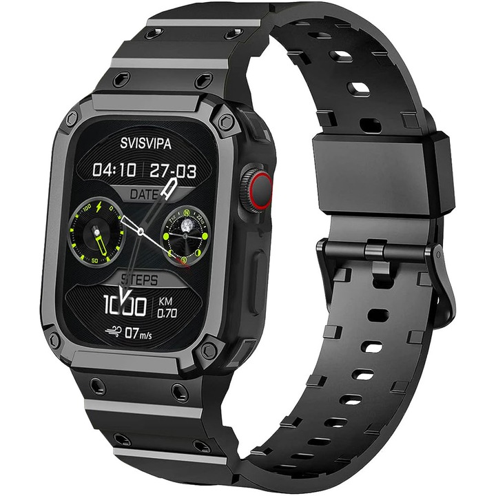 Curea smartwatch, Matcheasy, Silicon, Compatibila cu Apple Watch 45/44/42 mm, Negru Glossy