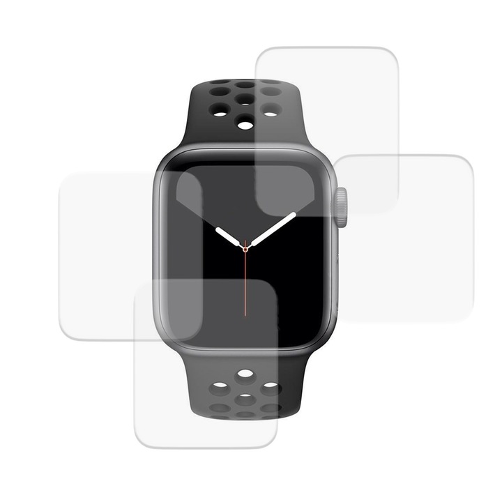4 db Apple Watch 5 40 mm-es filmmel kompatibilis készlet, Commando Shield Full Glue, Regenerálható szilikon hidrogél, ütés- és törésgátló, SlimLine NanoShield, átlátszó