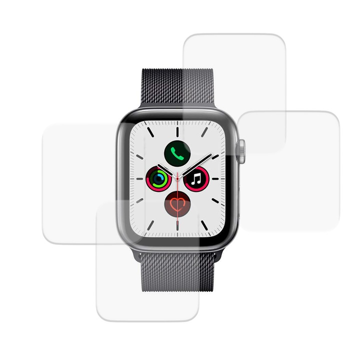 4 db Apple Watch 5 44 mm-es filmmel kompatibilis filmkészlet, Commando Shield Full Glue, Regenerálható szilikon hidrogél, ütés- és törésgátló, SlimLine NanoShield, átlátszó