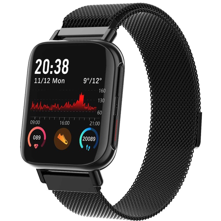 Ceas SmartWatch Qwath idealStore, Functie Apel Primit, Monitor de Somn, Monitor Ritm Cardiac, Tesiunea Arteriala, Tracker Fitness Ecran TFT 1.54 inch, Rezistent la Apa IP67, Compatibil iOS si Android, Negru