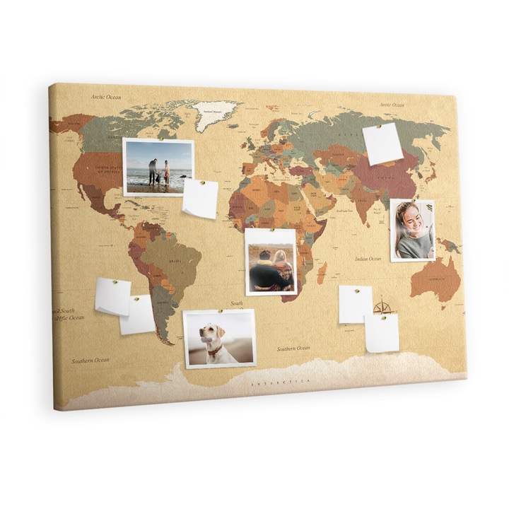 Коркова табла, Tulup, Винтидж карта на света, Многоцветен, 120 cm x 80 cm, метални, 00007732