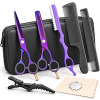 Foarfece profesionale de tuns si filat, Regal Bliss ®, pentru frizerie, salon sau coafor, husa din piele, cu lama, pieptene si clema incluse, otel inoxidabil, 14 cm, Set de 8 piese, Mov