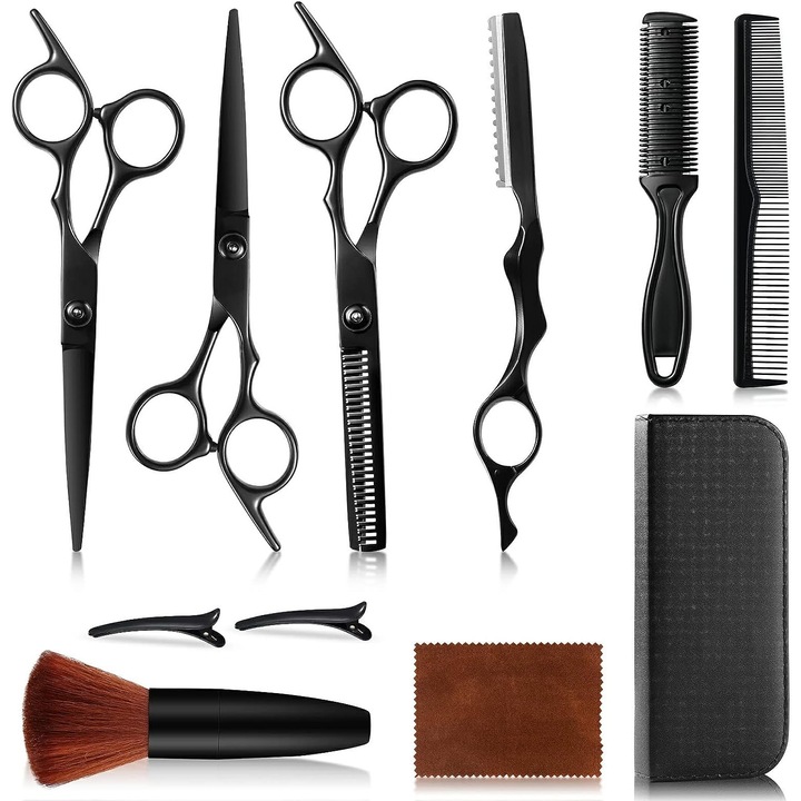 Foarfece profesionale de tuns si filat, Regal Bliss ®, pentru frizerie, salon sau coafor, husa din piele, cu brici, pieptene, perie si agrafe incluse, otel inoxidabil japonez, 14 cm, Set de 11 piese, Negru