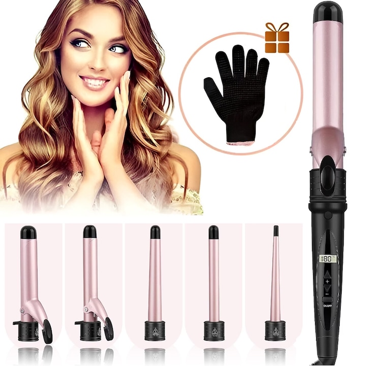 Ondulator de par Regal Bliss ®, pentru bucle, invelis ceramic, protectie avansata, potrivit pentru orice lungime si tip de par, control precis al temperaturii, incalzire rapida, ecran LCD, temperatura reglabila pana la 230°, Set 5 in 1, Roz