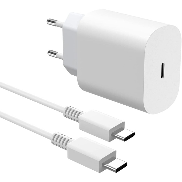 USB-C 25W комплект за бързо зареждане и USB-C кабел, PD Quick Charge, съвместим със Samsung Galaxy/Note, бял