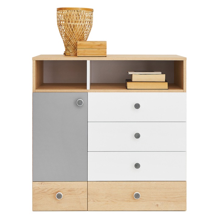 Comoda Peluga PL09, MIRJAN 24, stejar piscot / alb lux + gri, 40x85x90 cm