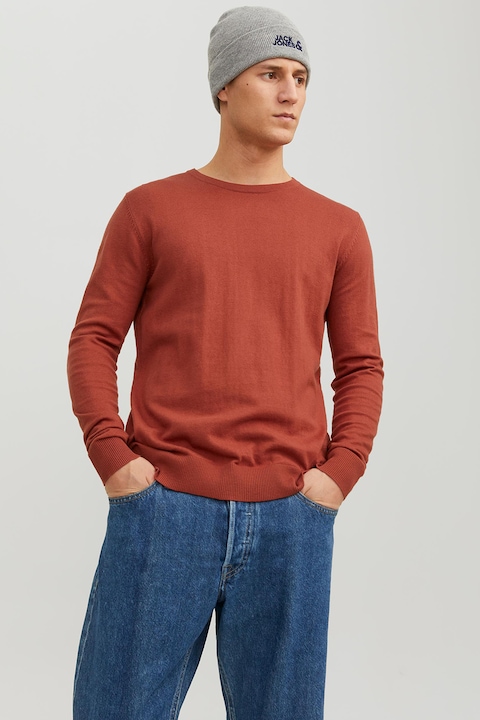 Jack & Jones, Фино плетен пуловер с овално деколте, Керемидено червено