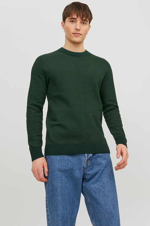 Jack & Jones, Памучен пуловер с овално деколте, Тъмнозелен