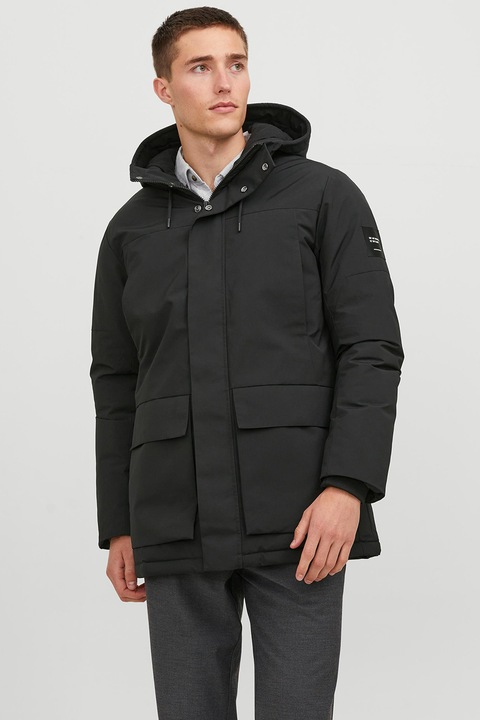 Jack & Jones, Geaca cu gluga si buzunare cu clapa, Negru, L