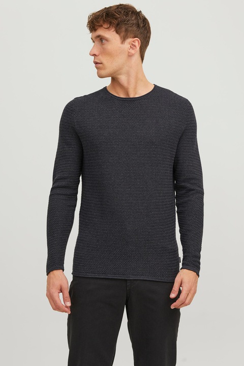Jack & Jones, Памучен пуловер с овално деколте, Меланж тъмно сиво
