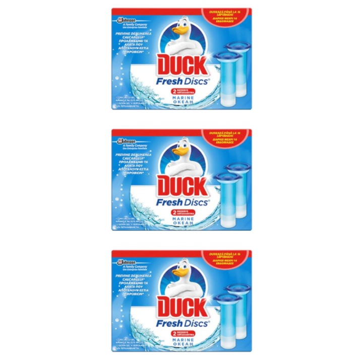 Pachet 3 x Rezerve odorizant gel pentru vasul toaletei Duck Fresh Discs Marine, 12 discuri