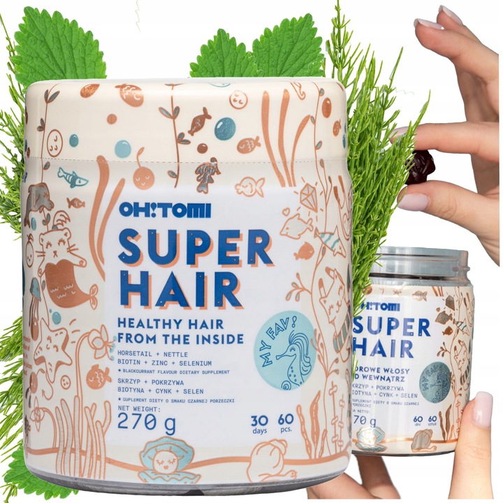 Étrend-kiegészítő, Oh!Tomi Super Hair, Biotin, Cink, Szelén és Mezei Zsurló, Erős és Dús Haj, Megelőzi A Hajhullást, Serkenti A Növekedést, 60 Gumivitamin