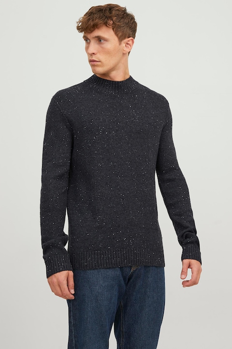 Jack & Jones, Плетен пуловер с овално деколте, Меланж тъмно сиво