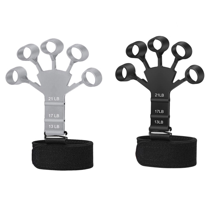 Set 2 x Flexor cu 5 Inele pentru Degete GREATON, Velcro Prindere Incheietura, Intareste Musculatura Mainii, Antebratului, Din Silicon Flexibil, 3 Niveluri de Dificultate, Gri/Negru