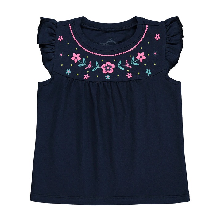 Bluza SWEET pentru copii/fetite, ERAKIDS, maneci cu volane, detaliu floral decorativ, bumbac/elastan, Albastru inchis