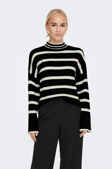 Only, Ejtett ujjú csíkos pulóver, Fekete/Törtfehér
