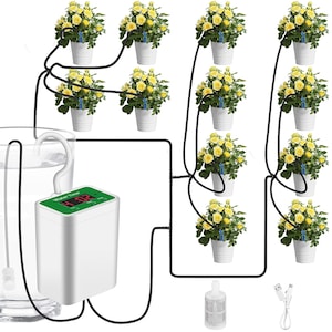 Kit sistem de irigare prin picurare pentru plante in ghiveci cu 12 duze, cu temporizator, acumulator 2000 mAh, filtru, dispozitiv de udare automata cu display LED, Artline