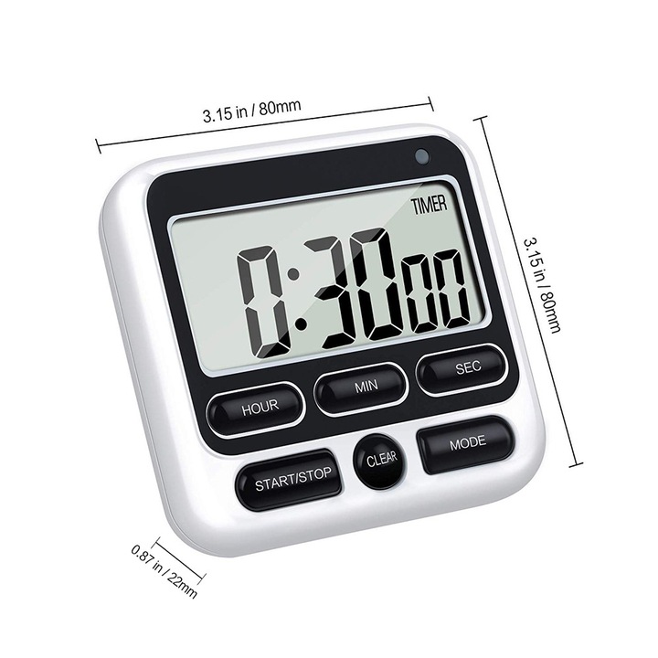 Timer digital de bucatarie, mod silentios/sonor, functie de memorie, display LCD mare, negru