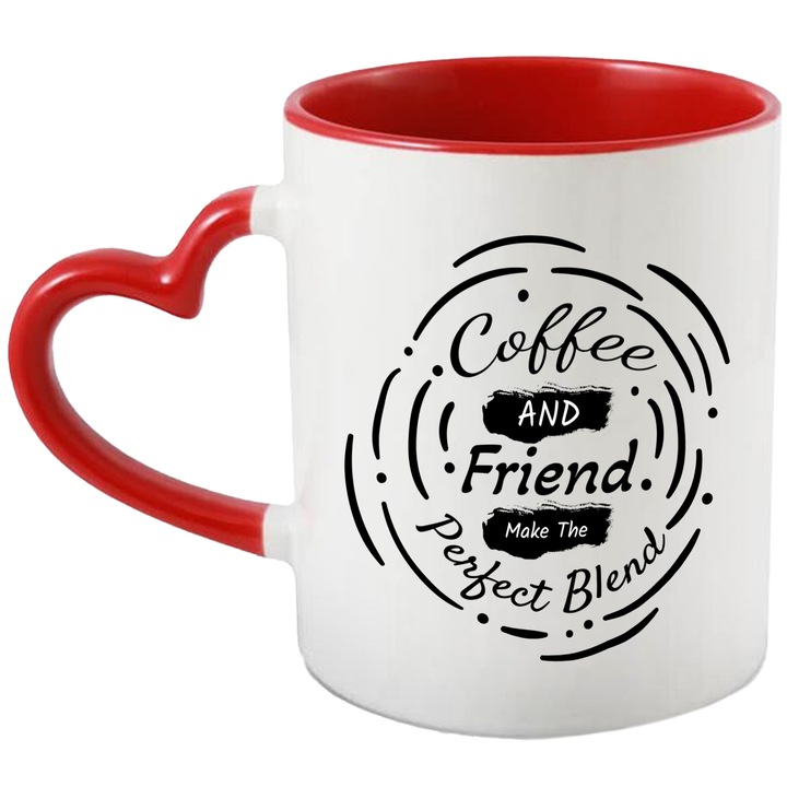 Cana Cu Mesaj In Engleza Coffee And Friend Make The Perfect Blend, Cafea, Prieten, Amestec, Alb Negru 330 ml, Ceramica cu Maner Inima Rosie