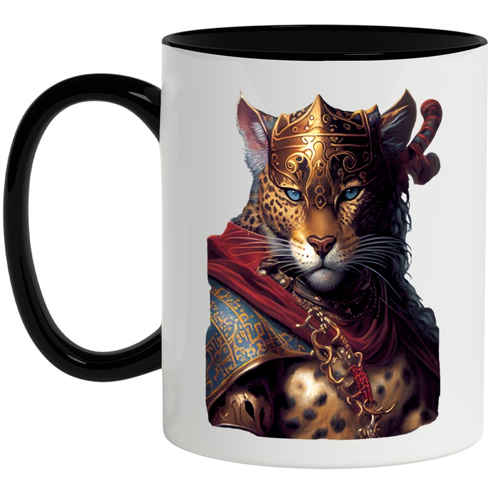 Чаша с леопард, боец, броня, злато, многоцветна 330 ml, керамика с черна дръжка