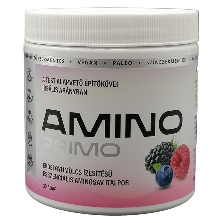 Amino Primo instant italpor, glutén- és laktózmentes, paleo, vegán, mesterséges ízesítők nélkül, erdei gyümölcs ízesítésű, 360 g