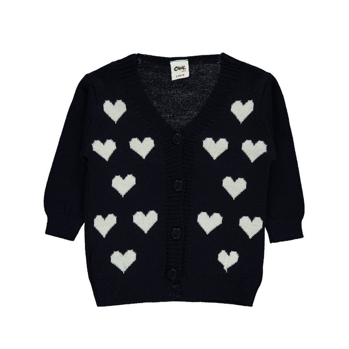 Cardigan tricotat HEARTS cu nasturi pentru copii/fetite, ERAKIDS, imprimeu "Inimioare", 100% acril, Negru