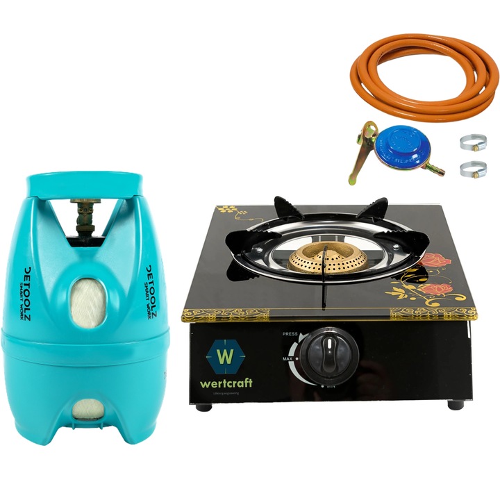 Biztonsági üveg kályha, 1 szem, kvarc gyújtás + LPG RH-10 állítható készlet + 2M hajlékony cső + 2 bilincs + 5 literes palack