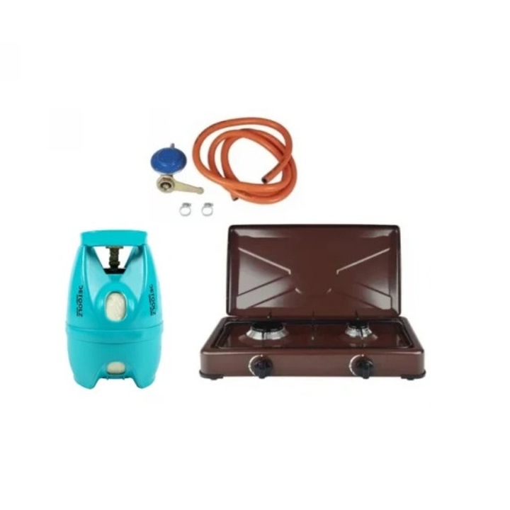 Barna zománcozott tűzhely, 2 égő + LPG RH-10 állítható készlet + 2M flex cső + 2 nyakörv + 5 literes palack