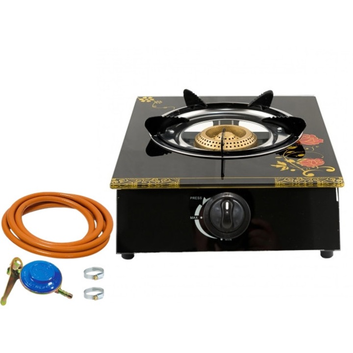 Aragaz din sticla securizata, 1 ochi, aprindere pe quartz + Kit reglabil GPL RH-10 + Tub flex 2M