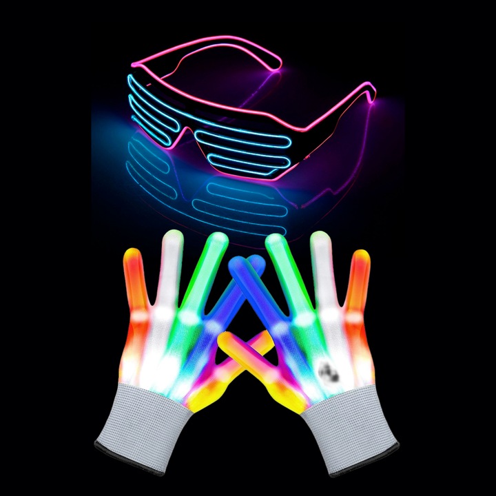 Ochelari petrecere, LED, Roz/albastru + Manusi LED pentru adulti, 5 culori / 6 moduri de iluminare, Multicolor