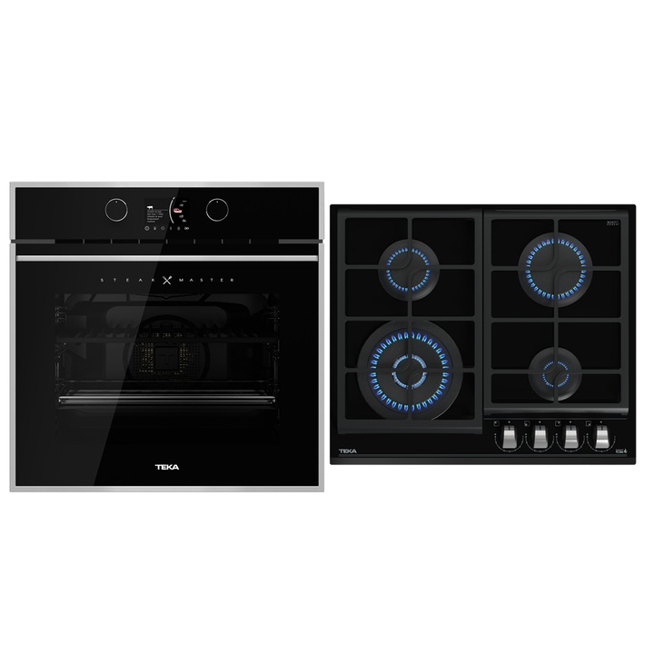 Pachet Cuptor incorporabil Teka STEAK MASTER, 63 litri, Piroliza, HydroClean PRO plus Plita incorporabila pe Gaz, Teka GZC 64320 XBC BK, 4 arzatoare, 60 cm, Sticla Neagra