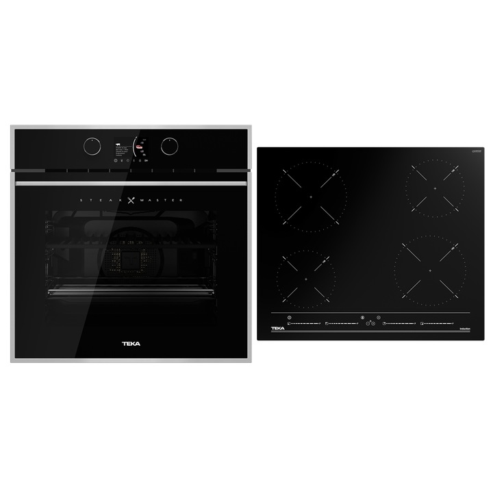 Pachet Cuptor incorporabil Teka STEAK MASTER, 63 litri, Piroliza, HydroClean PRO plus Plita electrica cu inductie, Teka IBC 64010 BK, 4 arzatoare, 60 cm, Sticla Neagra